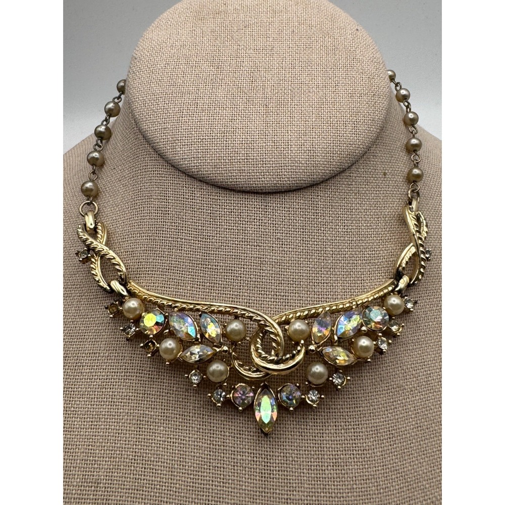 Vintage Coro Necklace Aurora Borealis Rhinestone Pearl Statement Bib READ